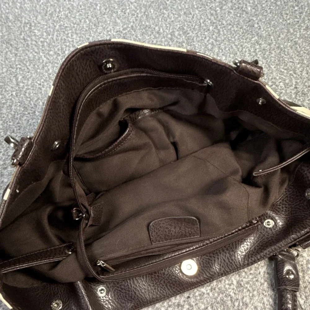 Brown/Cream Animal Print Satchel Top Handle Studded Silver Pockets